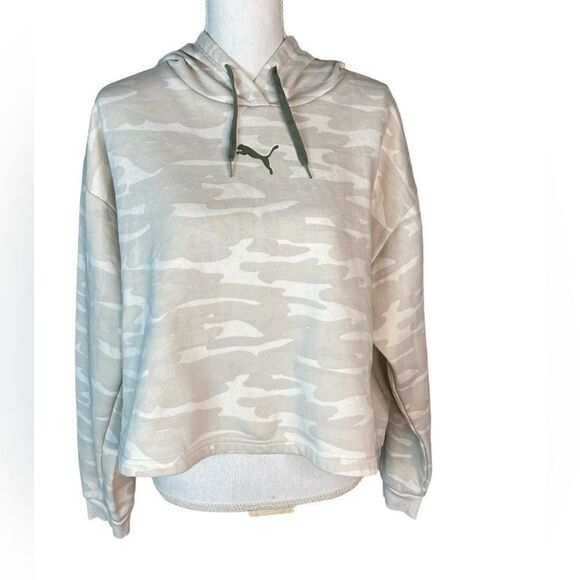 Puma Wm’s Sz XL Tan Cream Camouflage Drop Shoulder Cropped Hoodie Sweatshirt - Picture 1 of 5